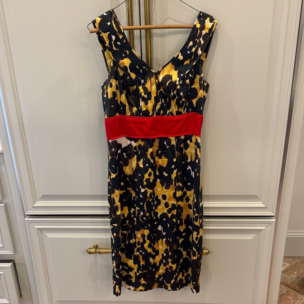 Etcetera Gold and Black Midi Dress with Red Detail